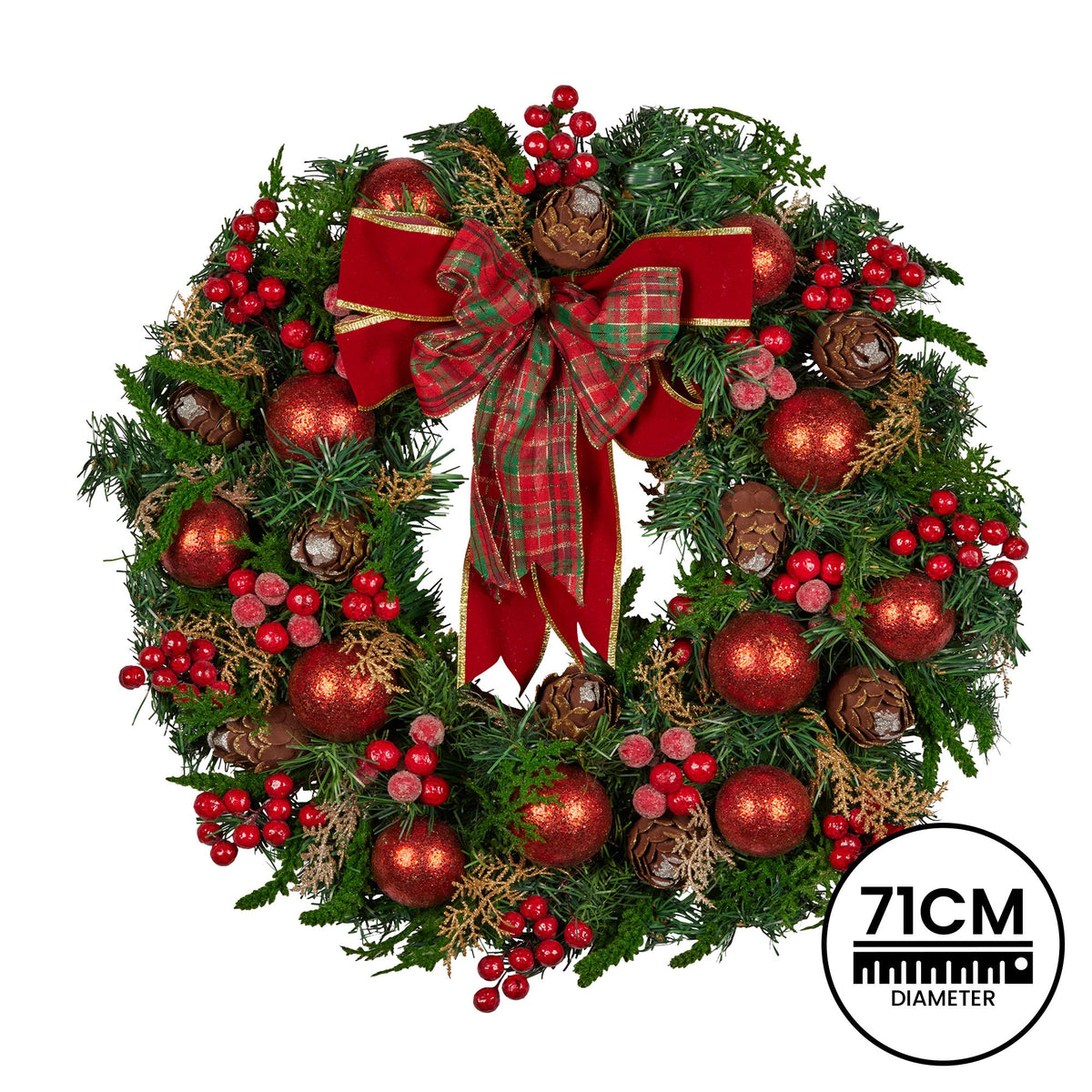 Christmas Wreath 71cm Red Baubles Berries Pine Cones Bow Front Door Decor Green
