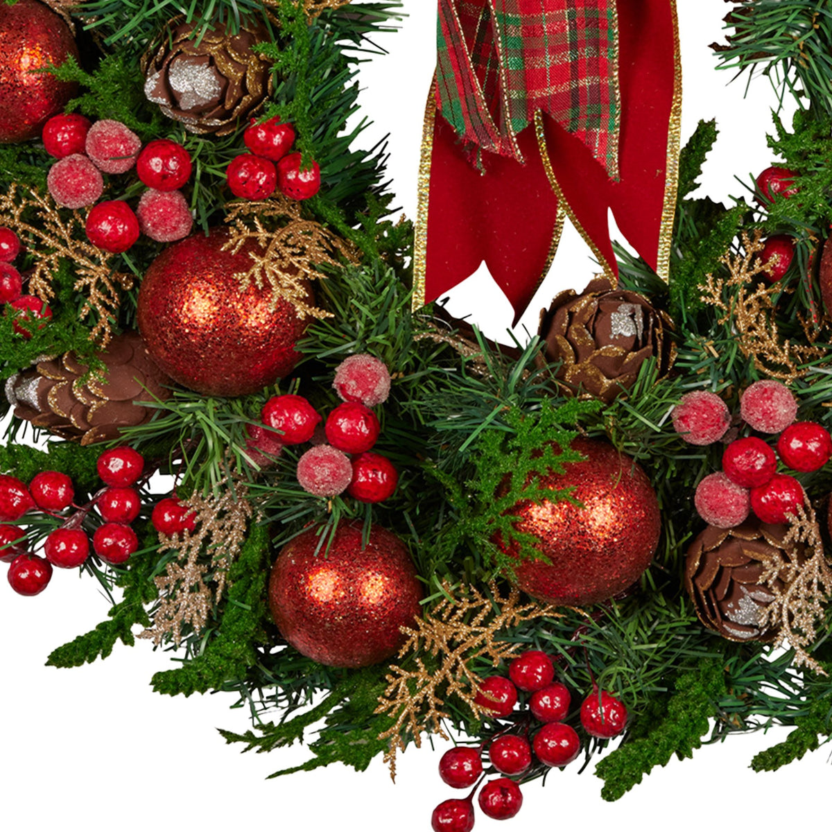 Christmas Wreath 71cm Red Baubles Berries Pine Cones Bow Front Door Decor Green