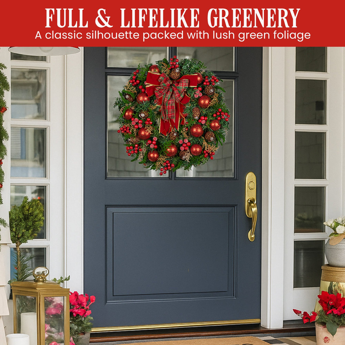Christmas Wreath 71cm Red Baubles Berries Pine Cones Bow Front Door Decor Green