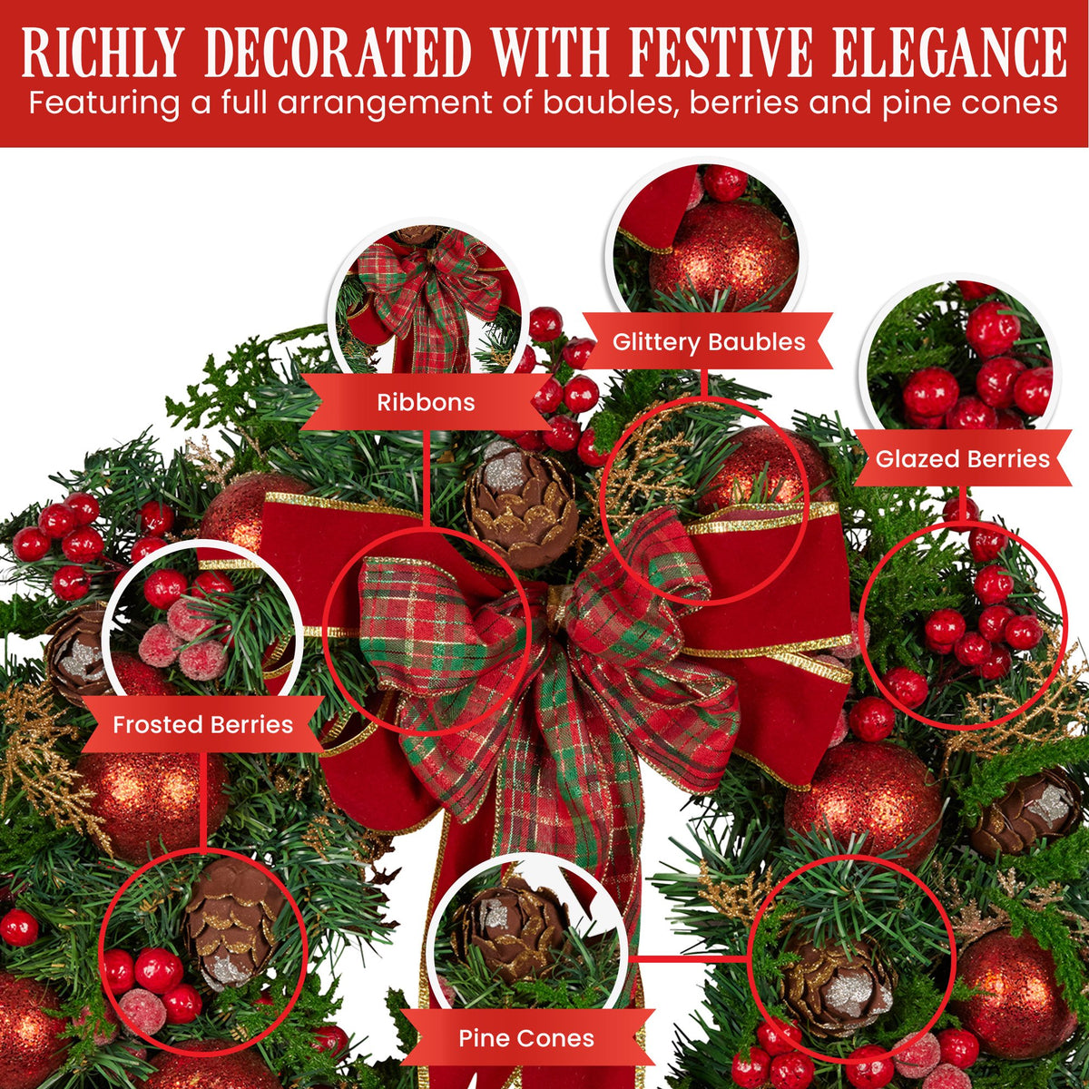Christmas Wreath 71cm Red Baubles Berries Pine Cones Bow Front Door Decor Green