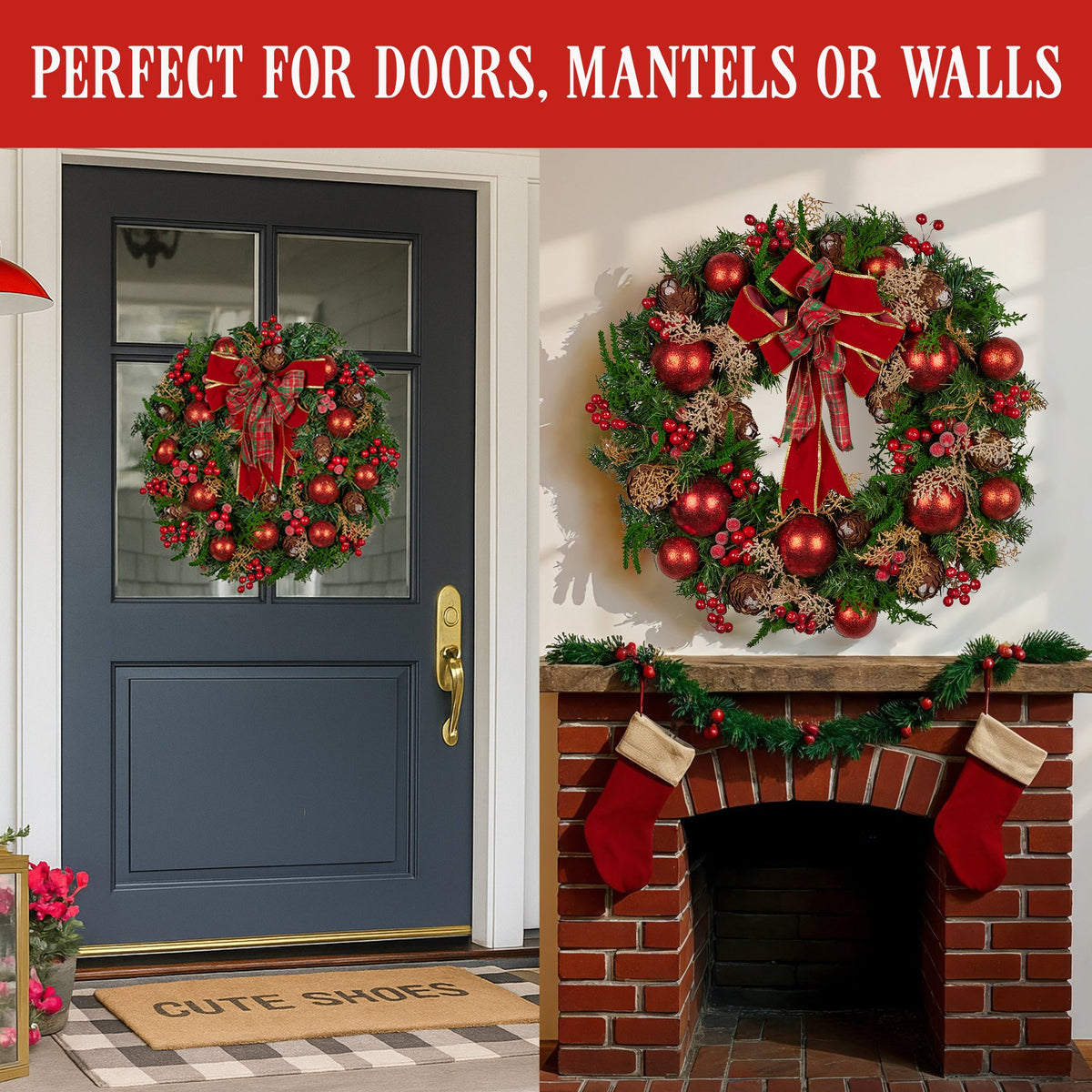 Christmas Wreath 71cm Red Baubles Berries Pine Cones Bow Front Door Decor Green