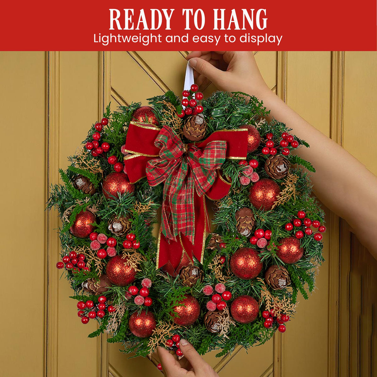 Christmas Wreath 71cm Red Baubles Berries Pine Cones Bow Front Door Decor Green