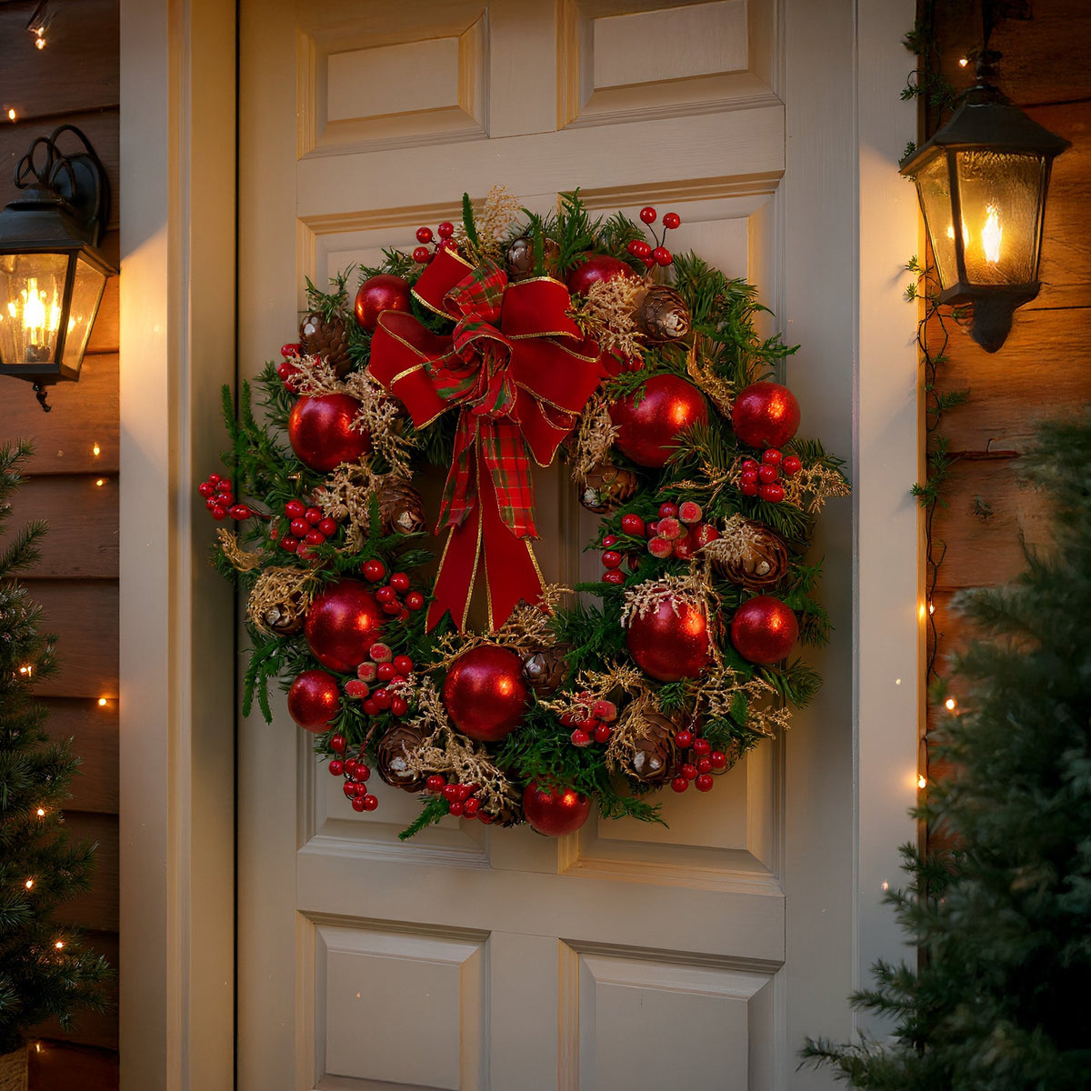Christmas Wreath 71cm Red Baubles Berries Pine Cones Bow Front Door Decor Green