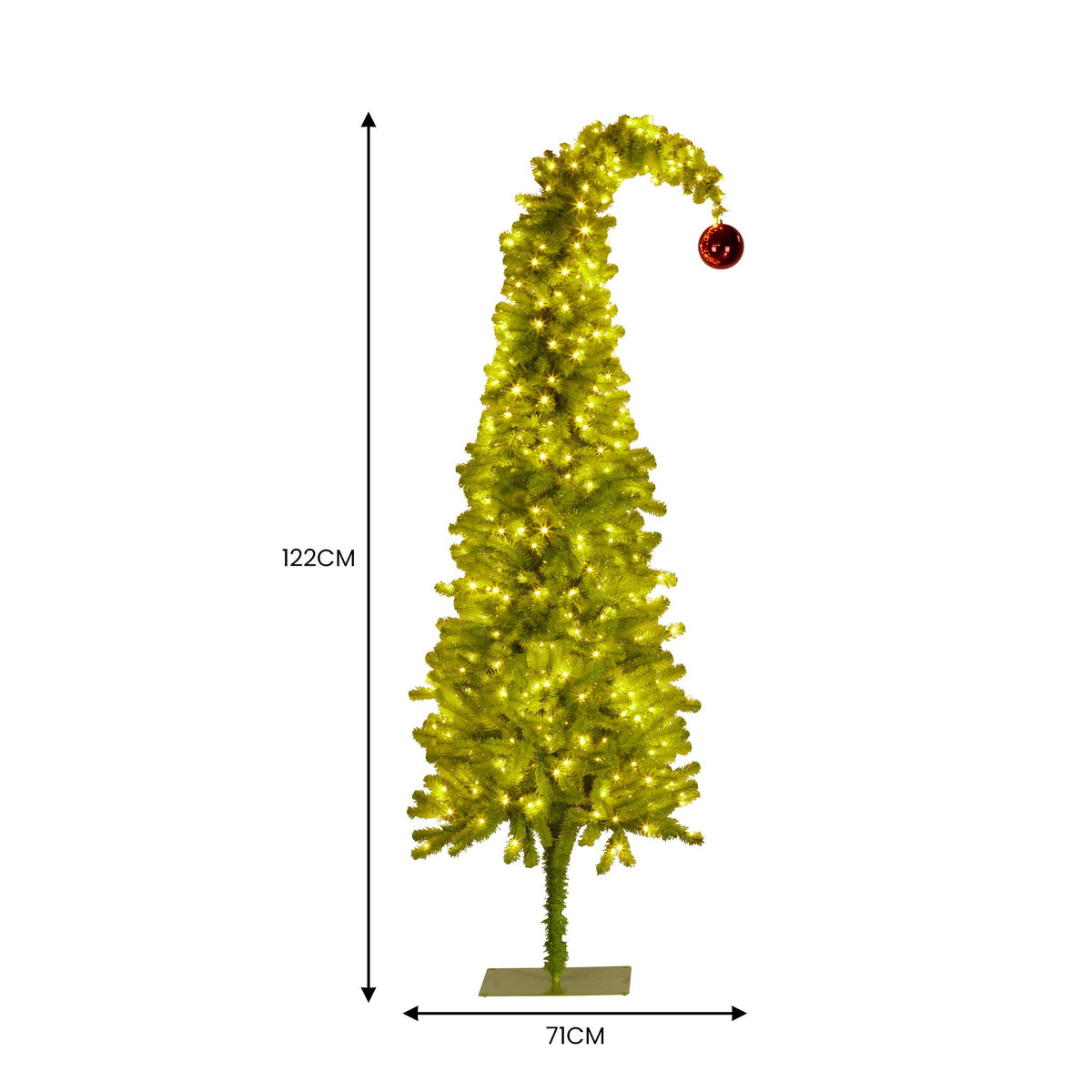 Gremlin Christmas Tree 1.2m 4ft Pre-Lit Green White LED Curved Top Red Bauble