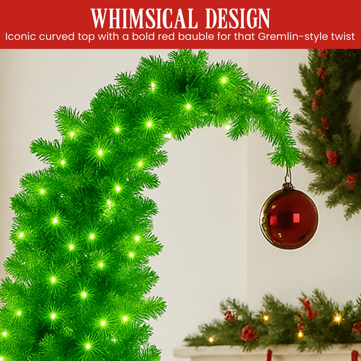 Gremlin Christmas Tree 1.2m 4ft Pre-Lit Green White LED Curved Top Red Bauble