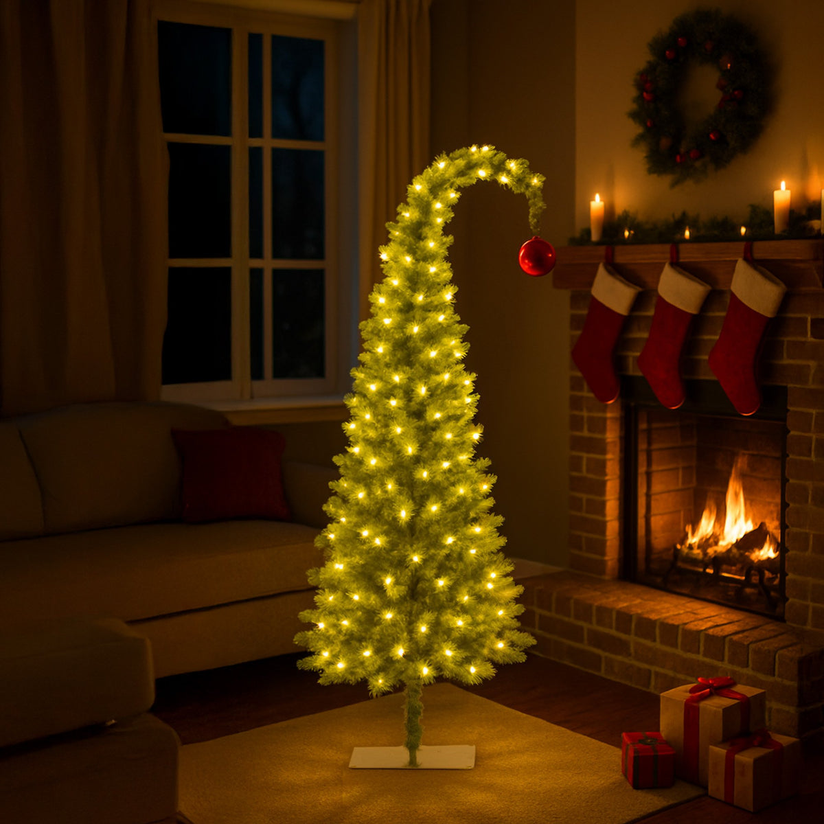 Gremlin Christmas Tree 1.2m 4ft Pre-Lit Green White LED Curved Top Red Bauble