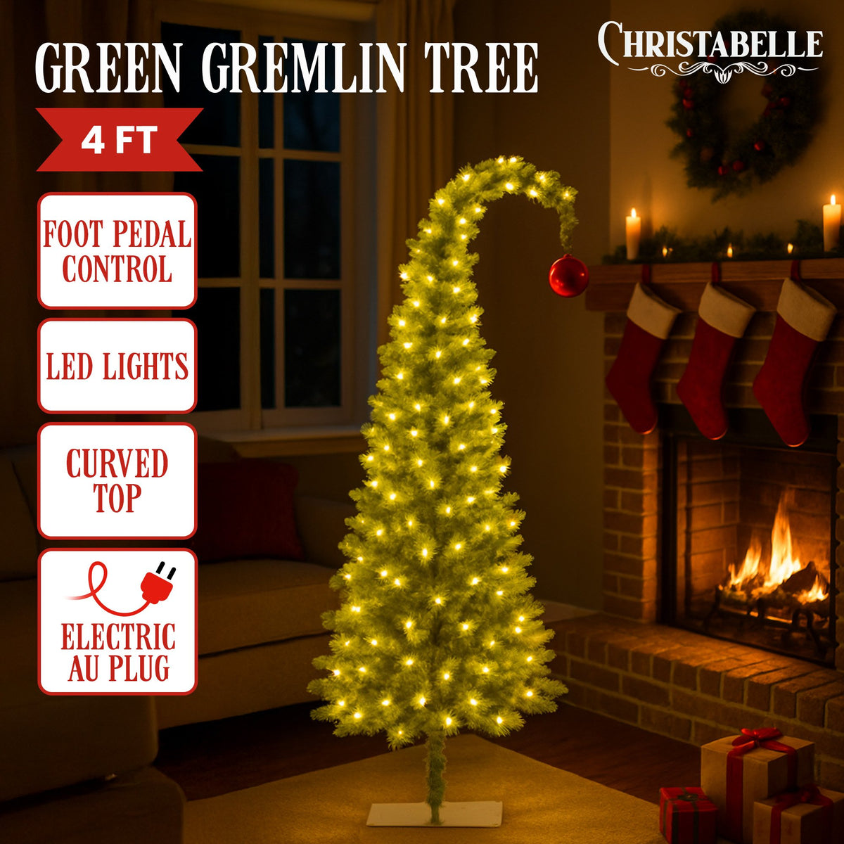 Gremlin Christmas Tree 1.2m 4ft Pre-Lit Green White LED Curved Top Red Bauble