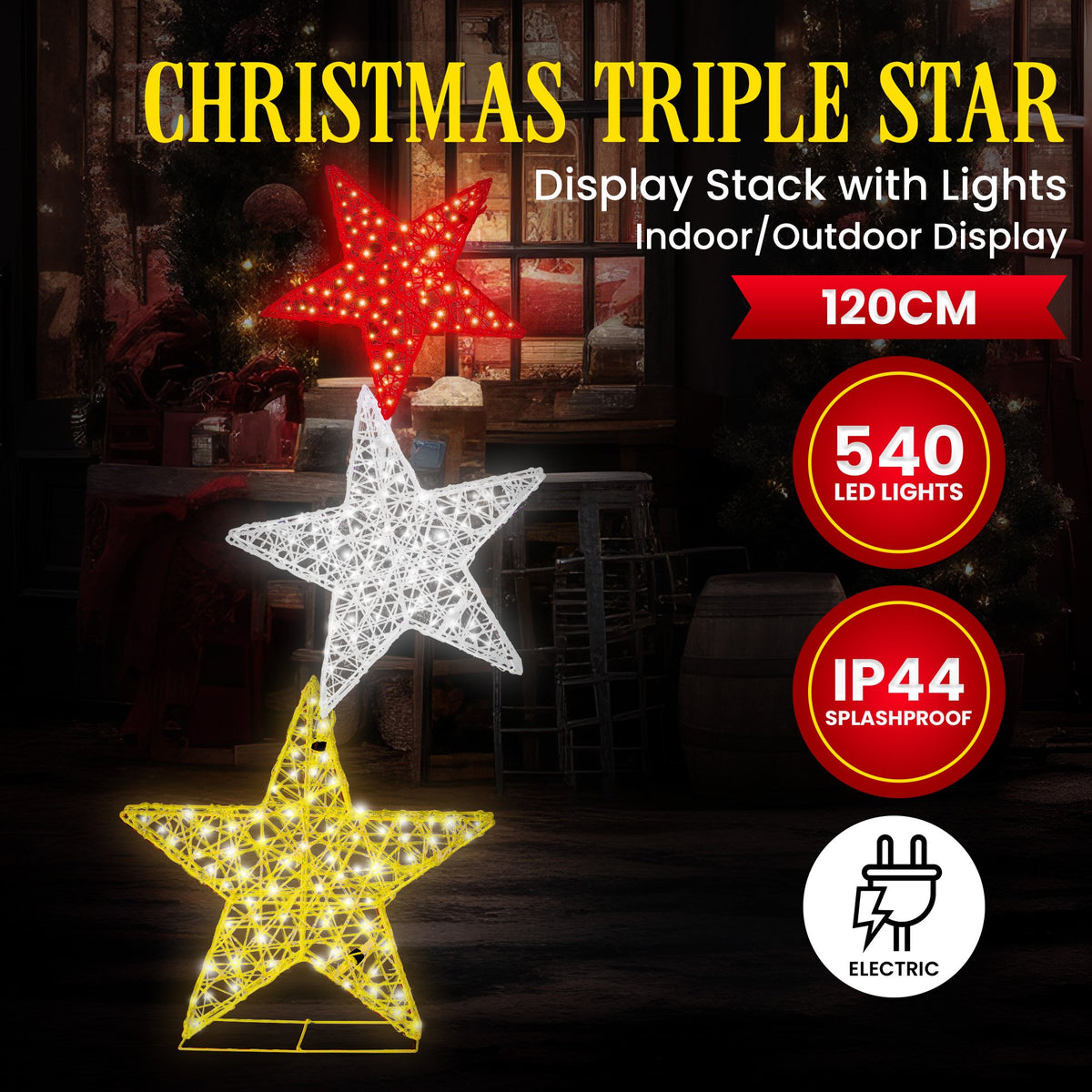 Triple Star Christmas Display 120cm 540 LED Cool White Red Gold Indoor Outdoor