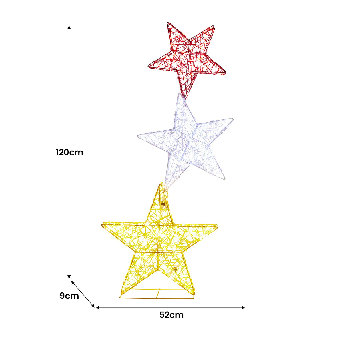 Triple Star Christmas Display 120cm 540 LED Cool White Red Gold Indoor Outdoor