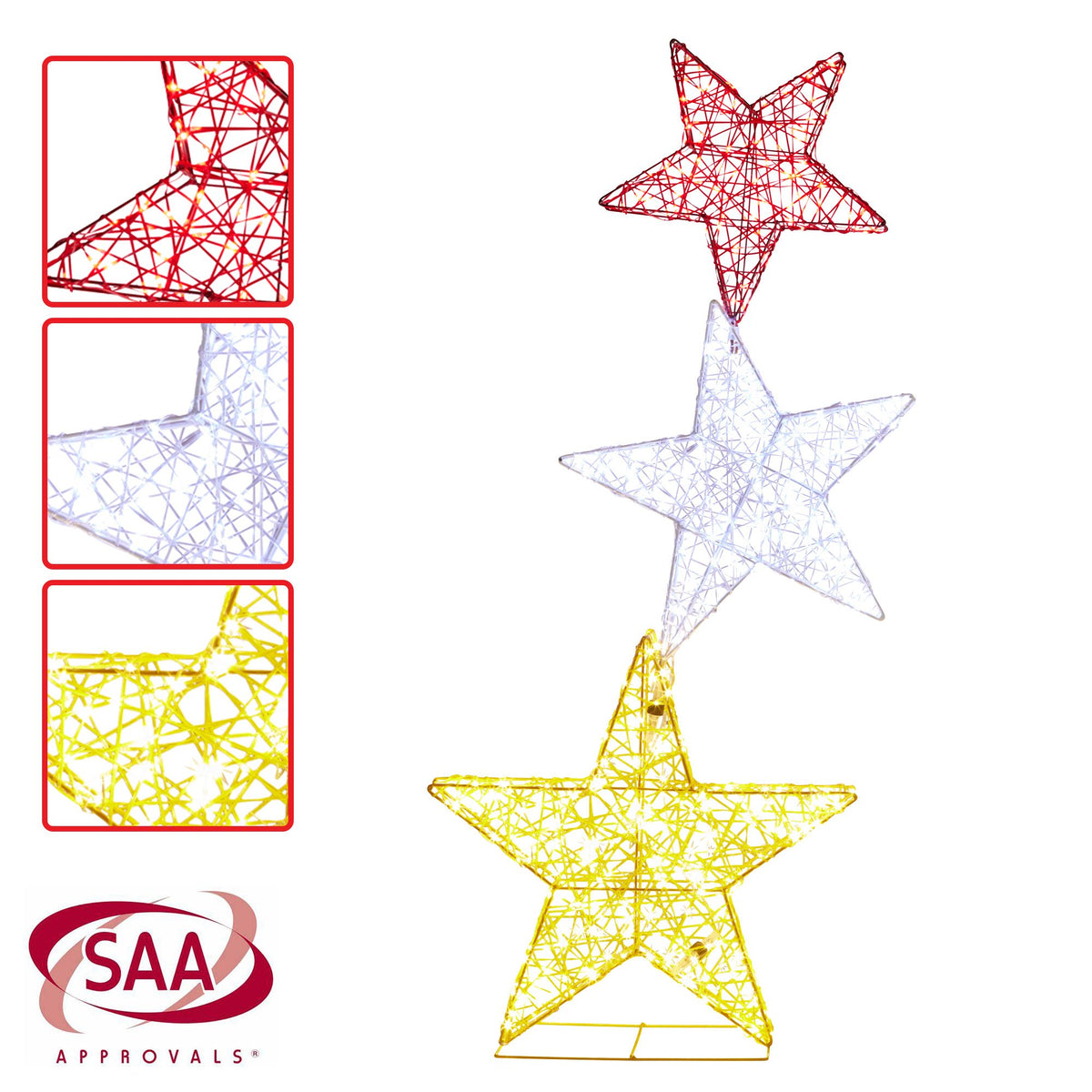 Triple Star Christmas Display 120cm 540 LED Cool White Red Gold Indoor Outdoor