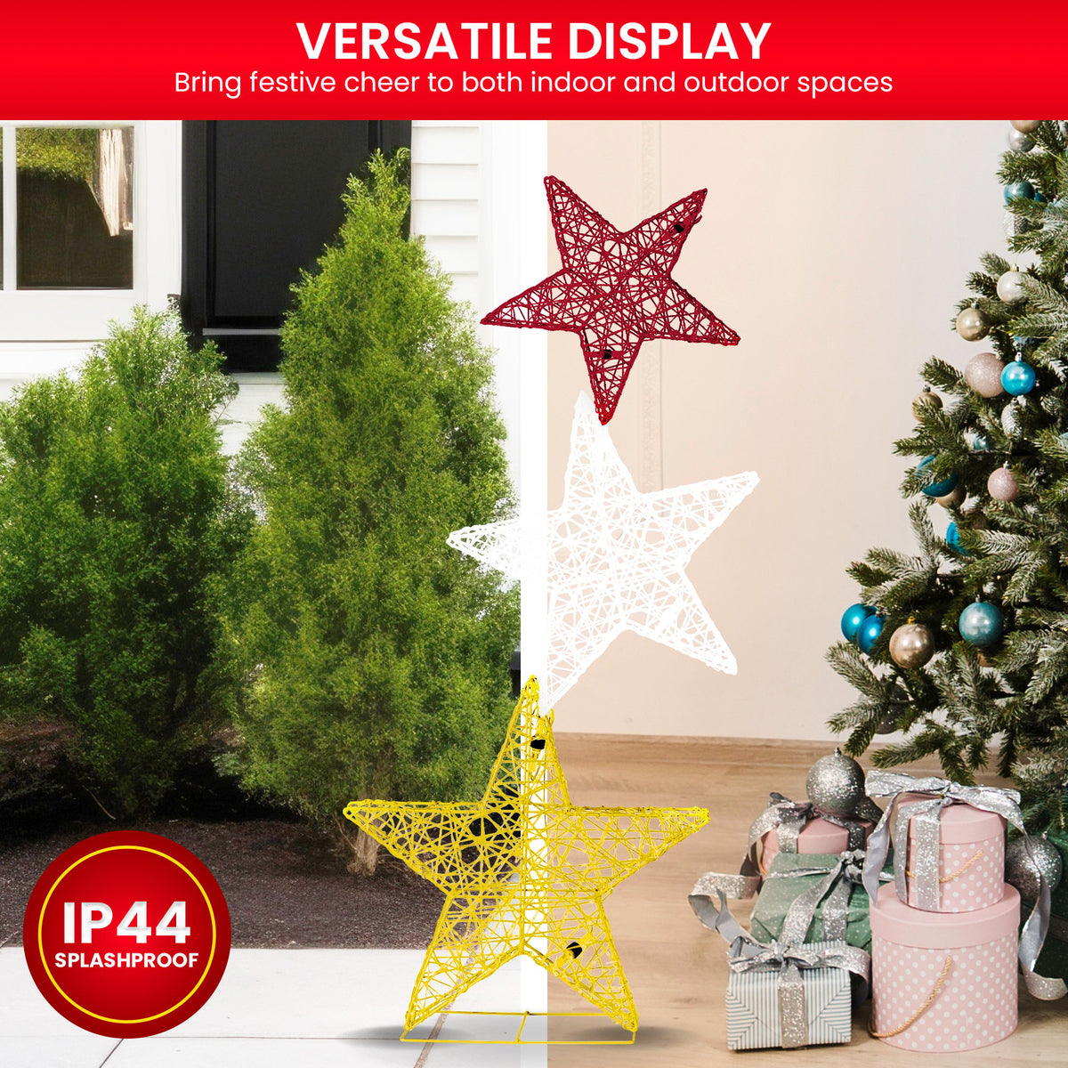 Triple Star Christmas Display 120cm 540 LED Cool White Red Gold Indoor Outdoor