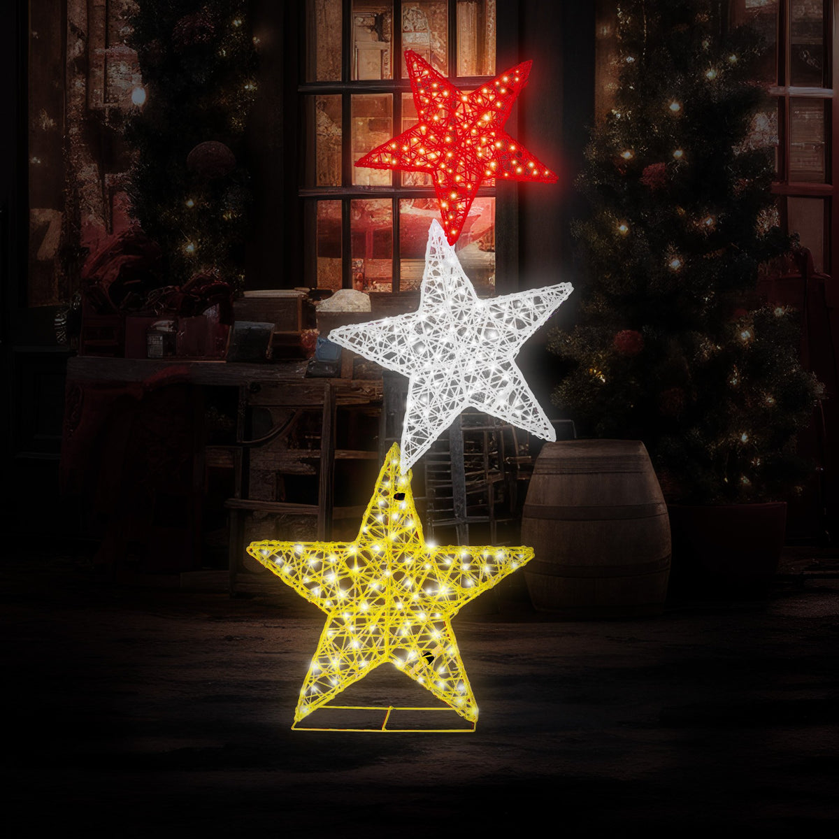 Triple Star Christmas Display 120cm 540 LED Cool White Red Gold Indoor Outdoor
