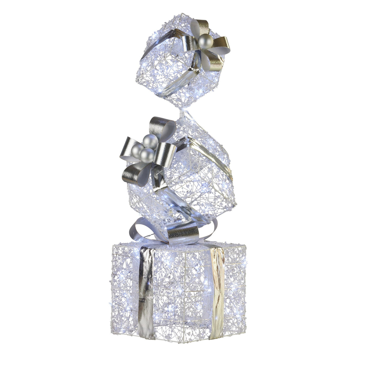 Triple Christmas Gift Box Stack Display 83cm 60 Cool White LED Battery Silver