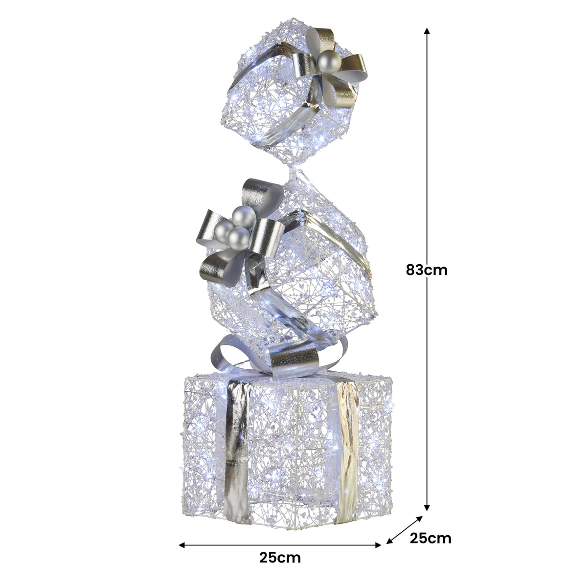 Triple Christmas Gift Box Stack Display 83cm 60 Cool White LED Battery Silver