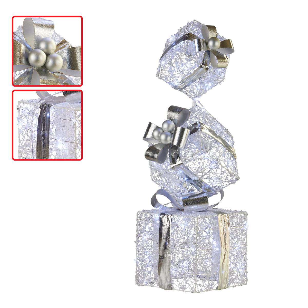 Triple Christmas Gift Box Stack Display 83cm 60 Cool White LED Battery Silver