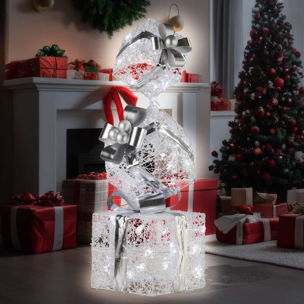 Triple Christmas Gift Box Stack Display 83cm 60 Cool White LED Battery Silver