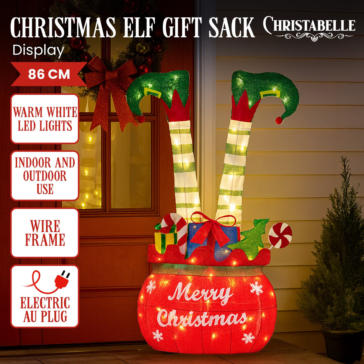 Elf in Gift Sack Christmas Display 86cm 60 Warm White LED Indoor Outdoor Frame