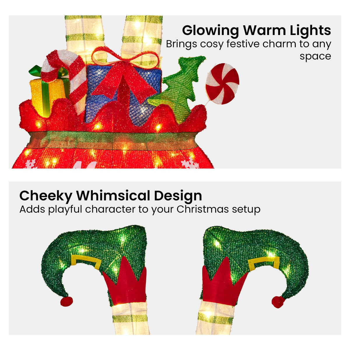 Elf in Gift Sack Christmas Display 86cm 60 Warm White LED Indoor Outdoor Frame