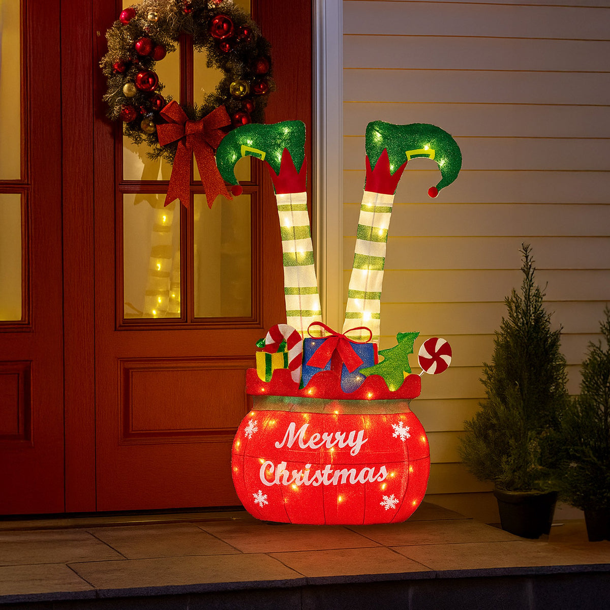 Elf in Gift Sack Christmas Display 86cm 60 Warm White LED Indoor Outdoor Frame
