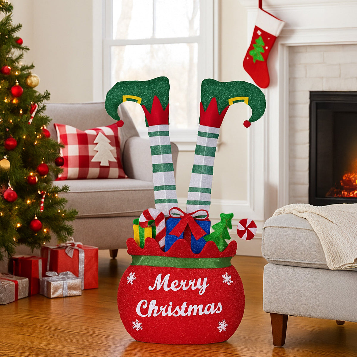 Elf in Gift Sack Christmas Display 86cm 60 Warm White LED Indoor Outdoor Frame