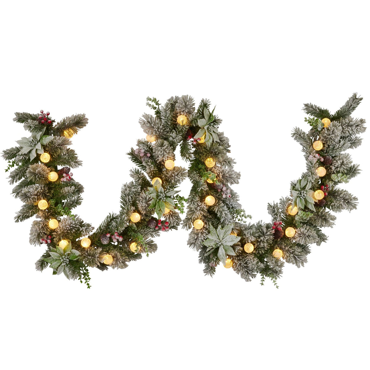Pre-Lit Snowy Christmas Garland 2.7m 30 LED Baubles Berries Pine Cones Battery