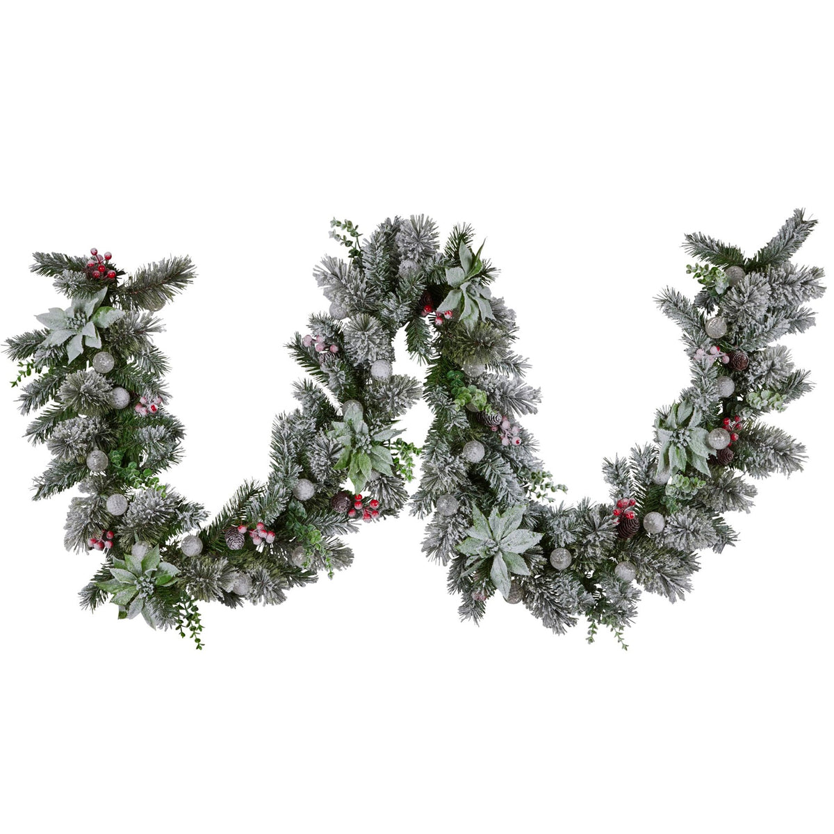 Pre-Lit Snowy Christmas Garland 2.7m 30 LED Baubles Berries Pine Cones Battery