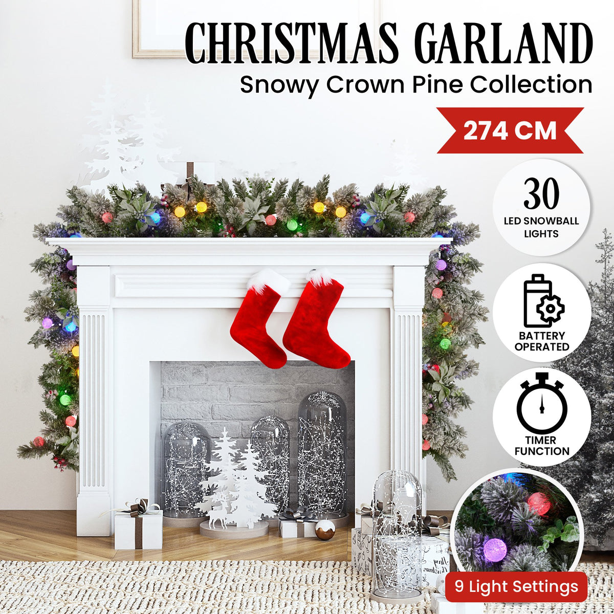 Pre-Lit Snowy Christmas Garland 2.7m 30 LED Baubles Berries Pine Cones Battery