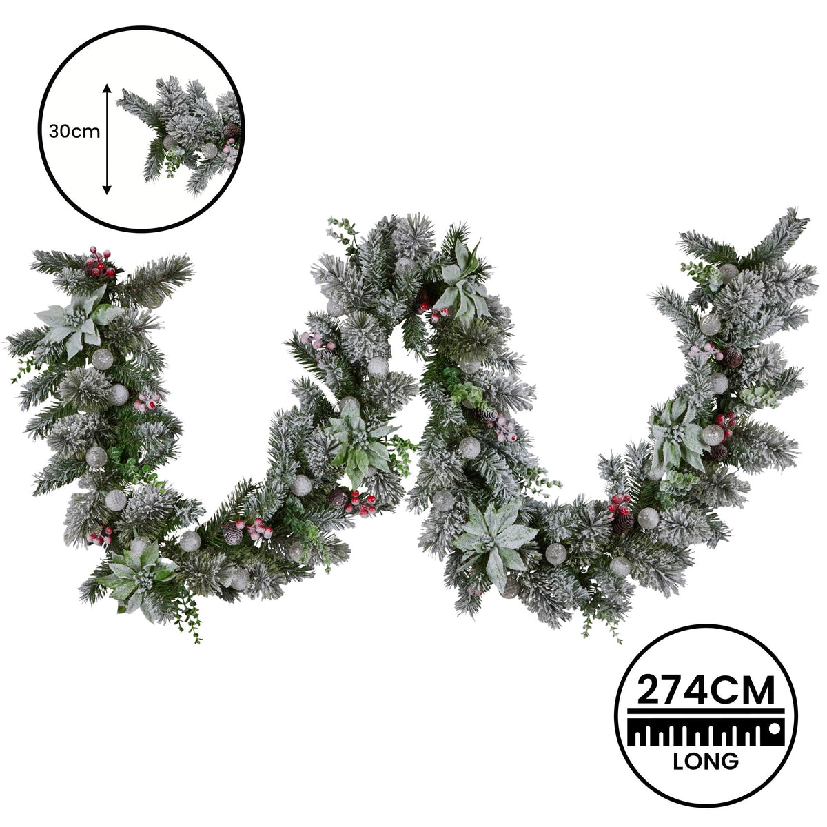 Pre-Lit Snowy Christmas Garland 2.7m 30 LED Baubles Berries Pine Cones Battery
