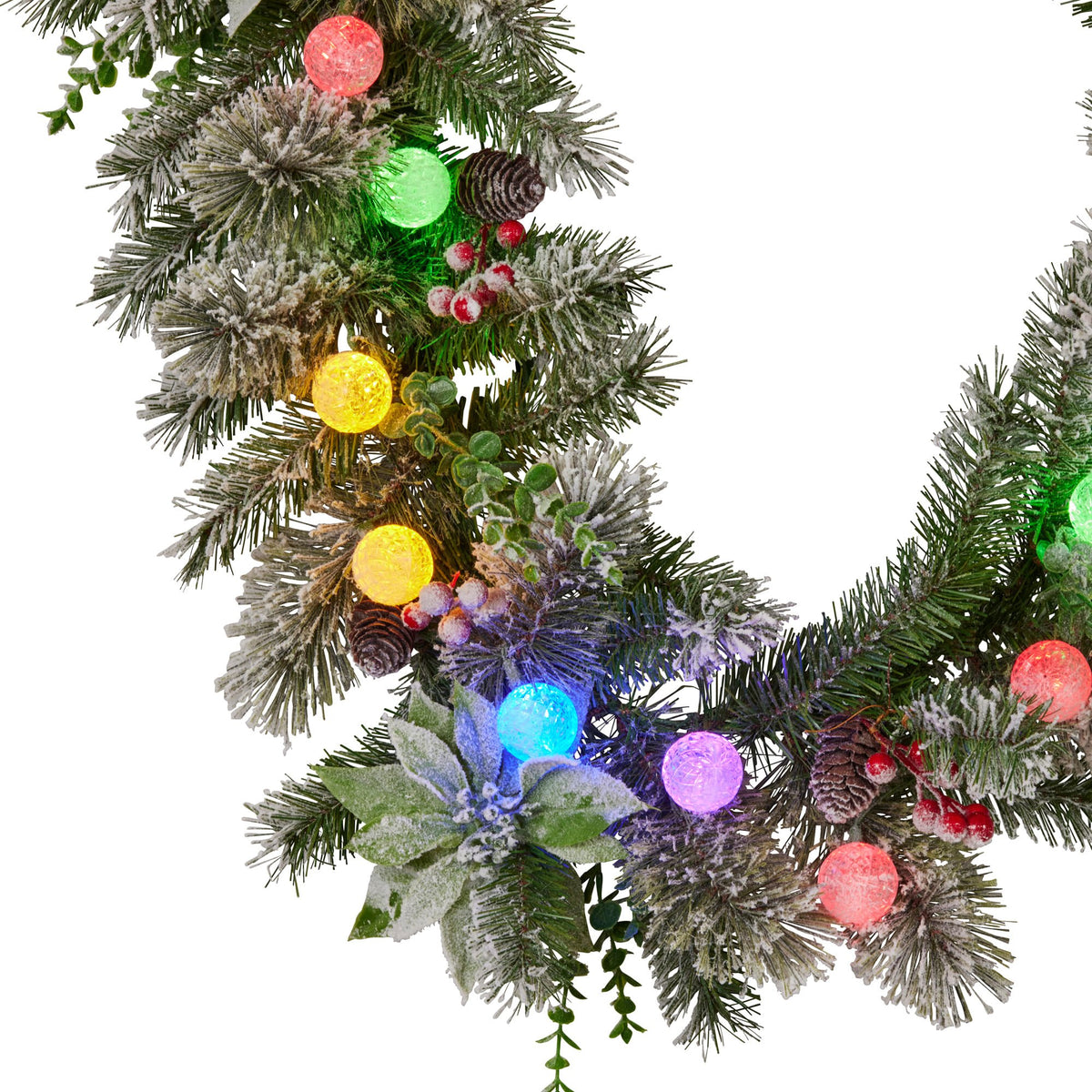 Pre-Lit Snowy Christmas Garland 2.7m 30 LED Baubles Berries Pine Cones Battery
