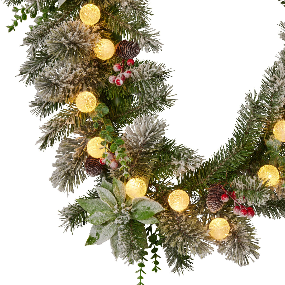 Pre-Lit Snowy Christmas Garland 2.7m 30 LED Baubles Berries Pine Cones Battery