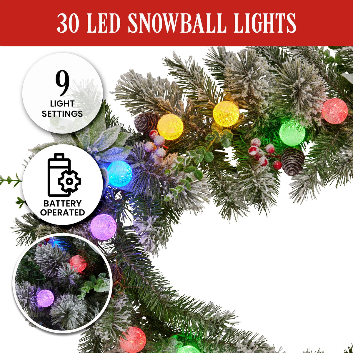 Pre-Lit Snowy Christmas Garland 2.7m 30 LED Baubles Berries Pine Cones Battery
