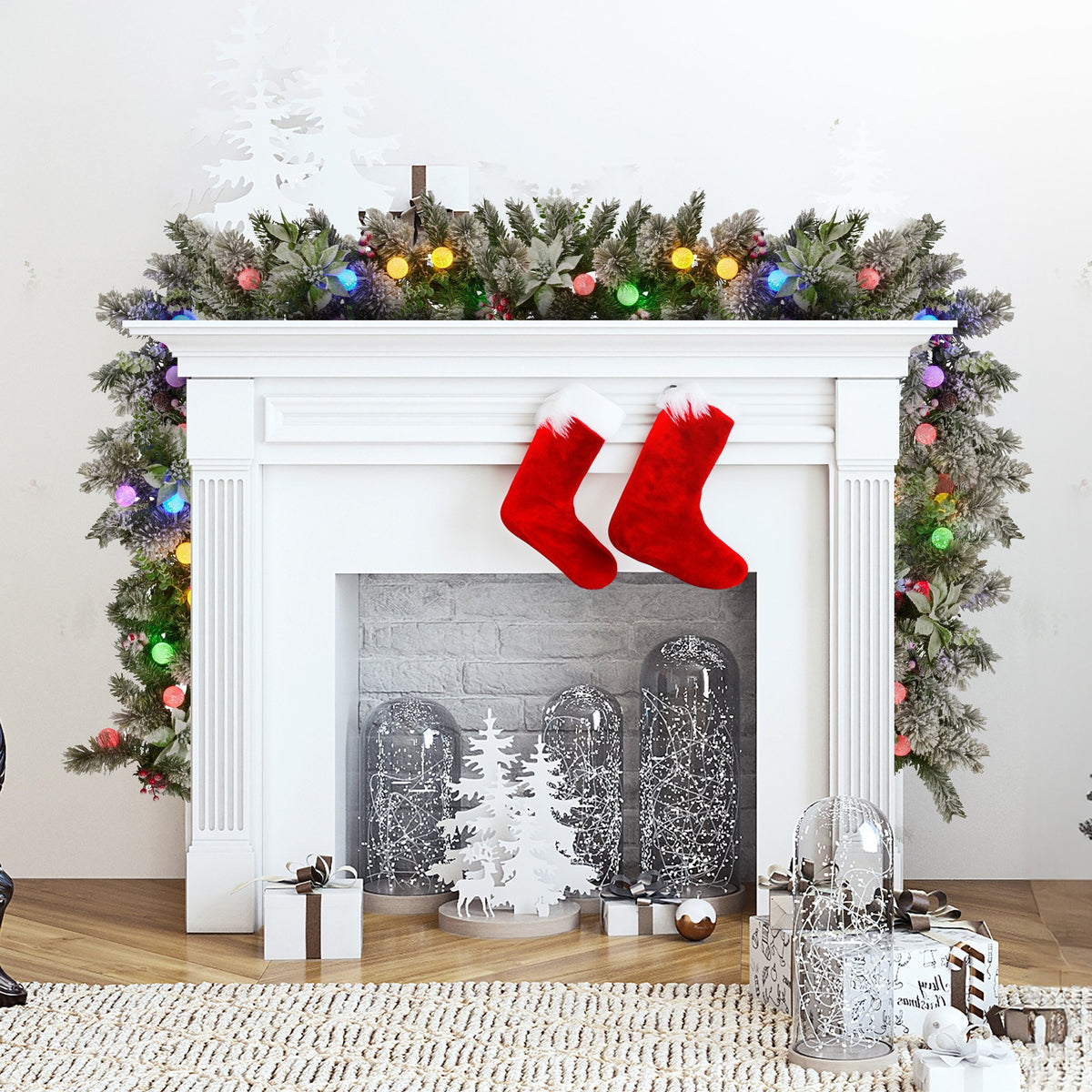 Pre-Lit Snowy Christmas Garland 2.7m 30 LED Baubles Berries Pine Cones Battery