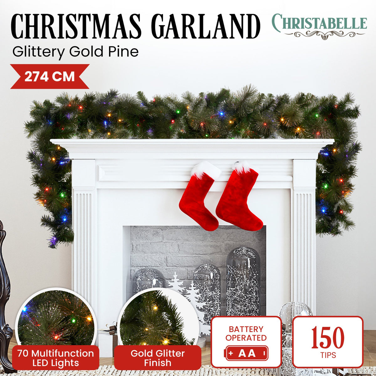 Pre-Lit Christmas Garland 2.7m Glitter Gold Pine 70 LED Multi Function Timer