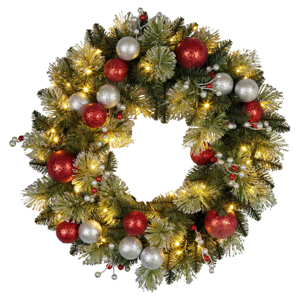 Pre-Lit Christmas Wreath 61cm Red Silver Baubles Berries 50 LED Timer Door Decor