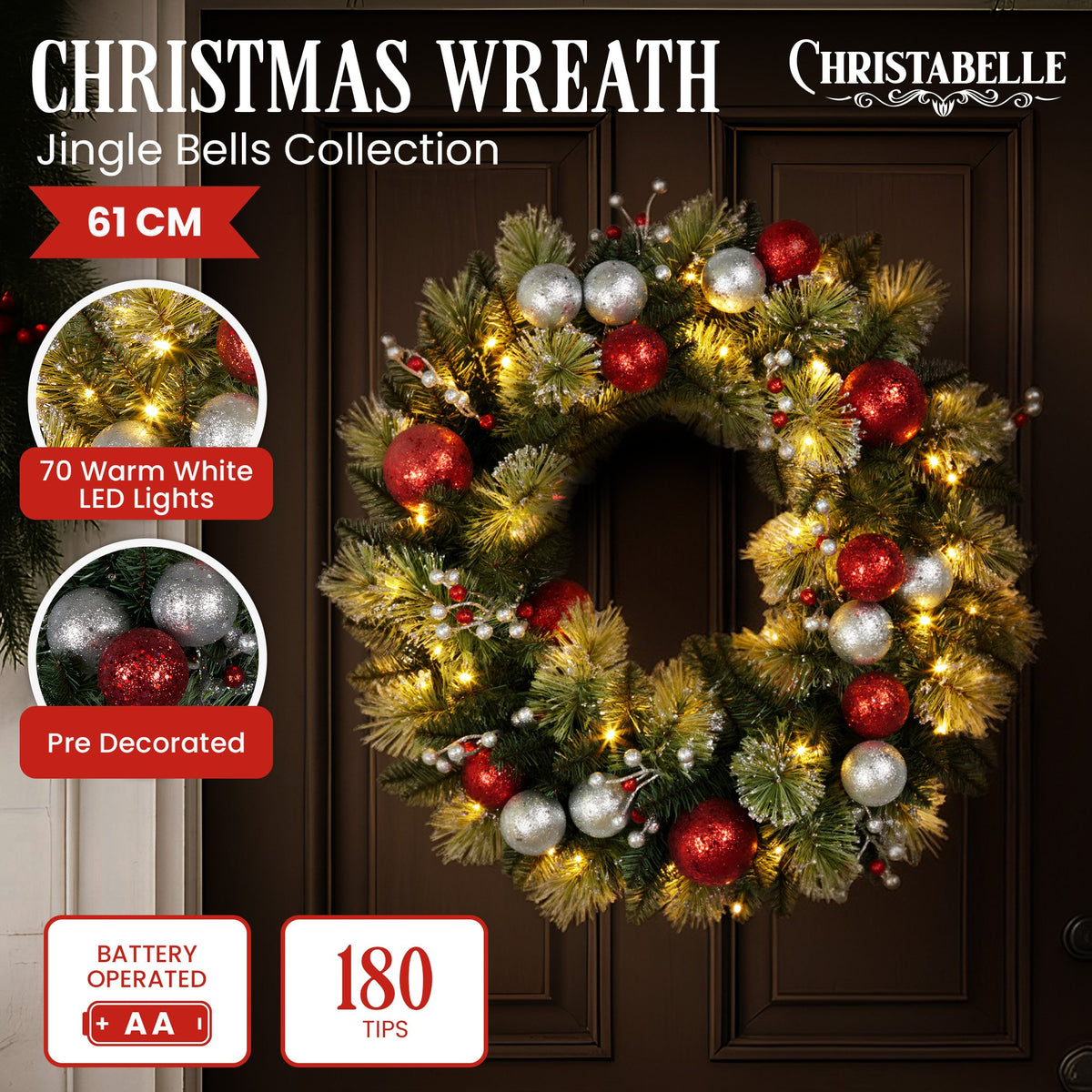 Pre-Lit Christmas Wreath 61cm Red Silver Baubles Berries 50 LED Timer Door Decor