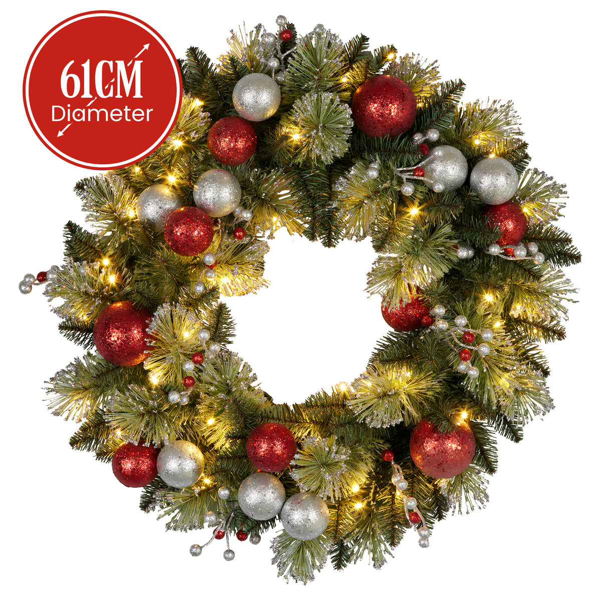 Pre-Lit Christmas Wreath 61cm Red Silver Baubles Berries 50 LED Timer Door Decor