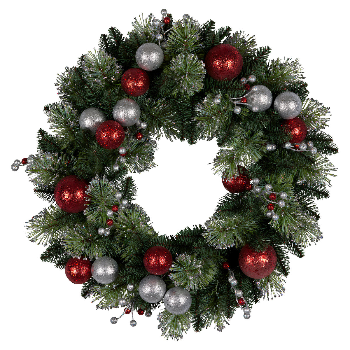 Pre-Lit Christmas Wreath 61cm Red Silver Baubles Berries 50 LED Timer Door Decor