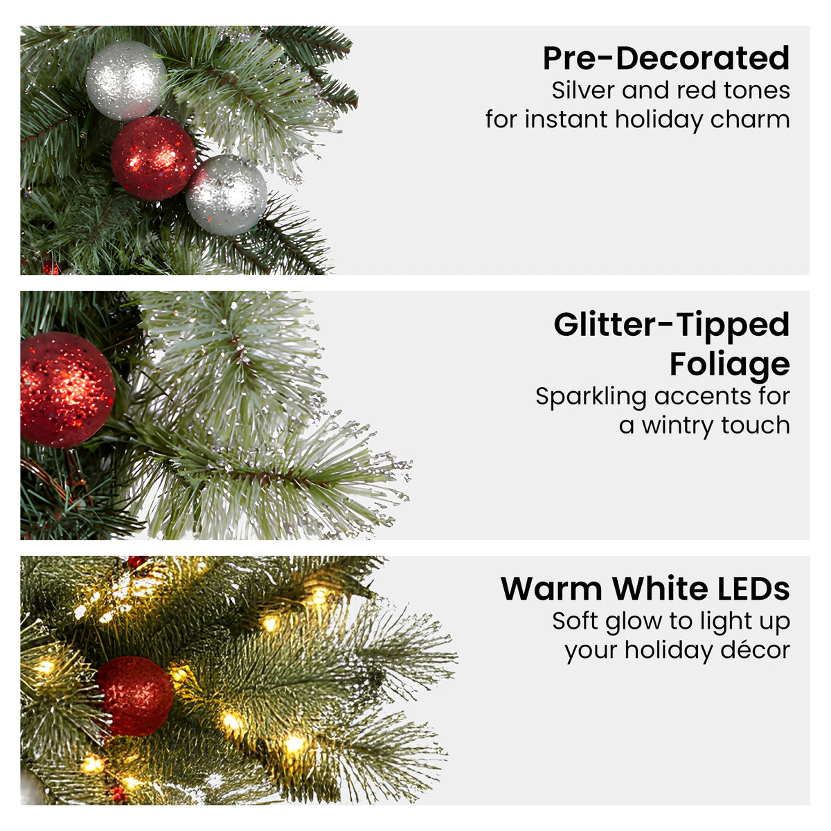 Pre-Lit Christmas Wreath 61cm Red Silver Baubles Berries 50 LED Timer Door Decor