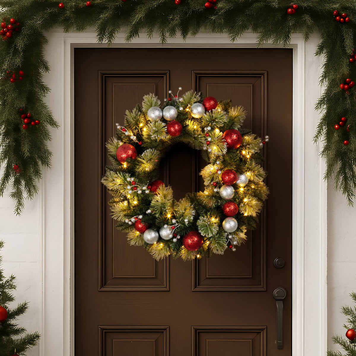 Pre-Lit Christmas Wreath 61cm Red Silver Baubles Berries 50 LED Timer Door Decor