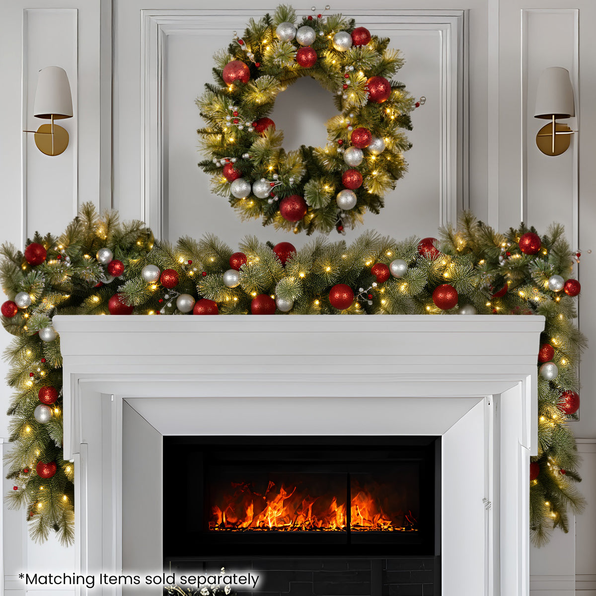 Pre-Lit Christmas Wreath 61cm Red Silver Baubles Berries 50 LED Timer Door Decor