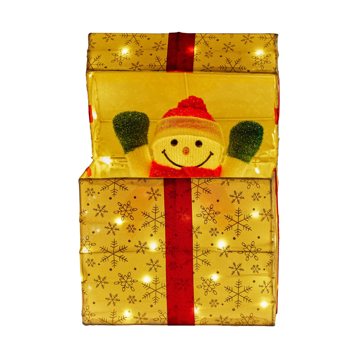 Animated Snowman in Gift Box Christmas Display 50 Warm White LED Covered Gold