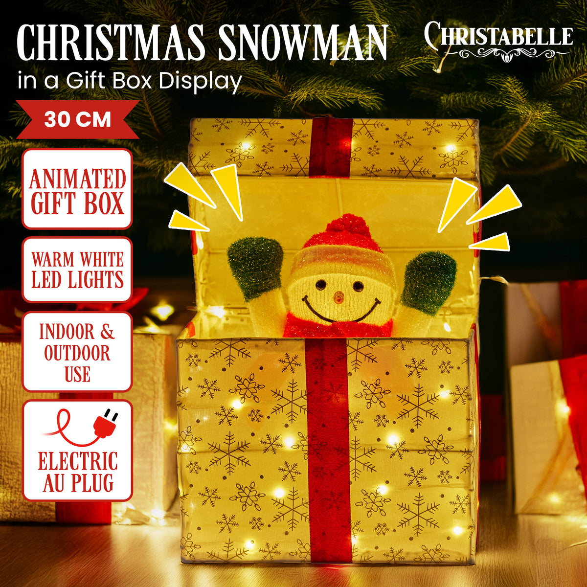 Animated Snowman in Gift Box Christmas Display 50 Warm White LED Covered Gold