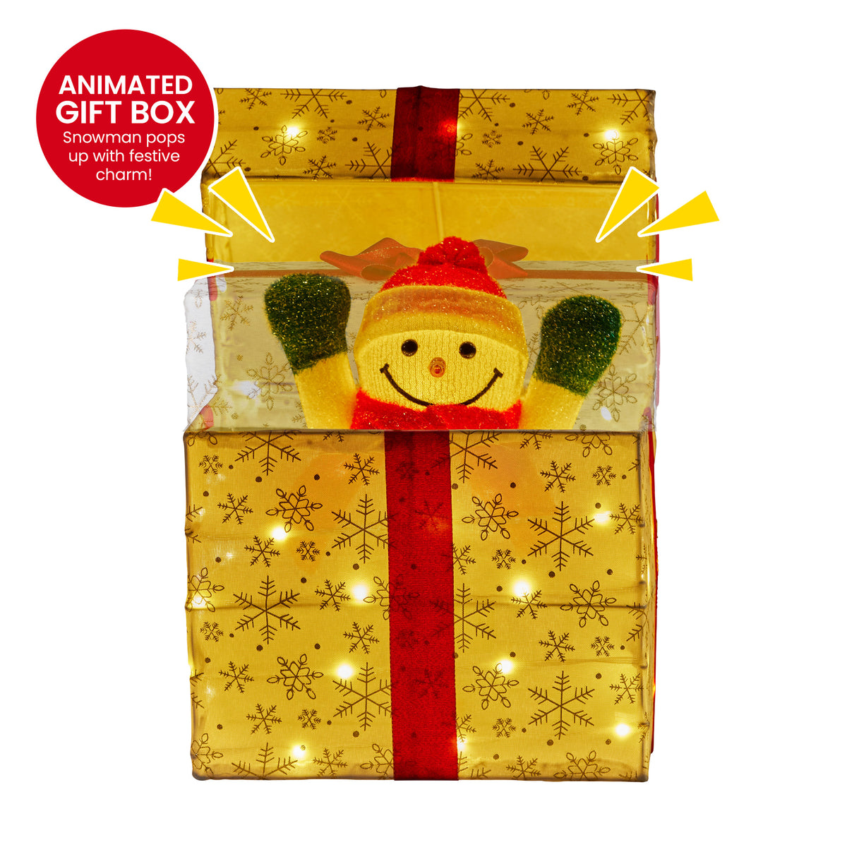 Animated Snowman in Gift Box Christmas Display 50 Warm White LED Covered Gold
