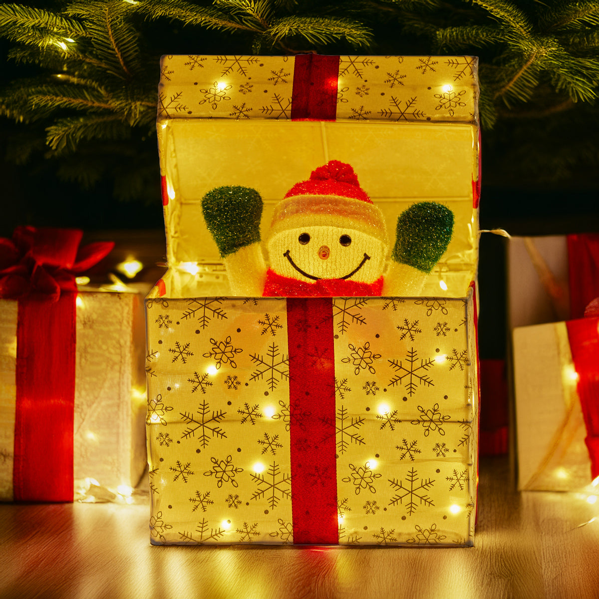 Animated Snowman in Gift Box Christmas Display 50 Warm White LED Covered Gold