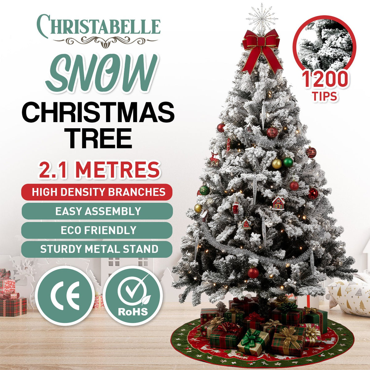 Snow Tipped Artificial Christmas Tree 2.1m 1200 Tips Sturdy Metal Stand for Xmas