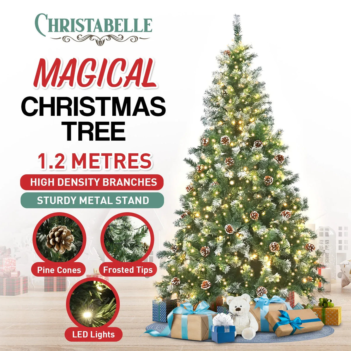 Pre-Lit Artificial Christmas Tree 1.2m 150 LED Snow Tipped Pine Cone Metal Stand
