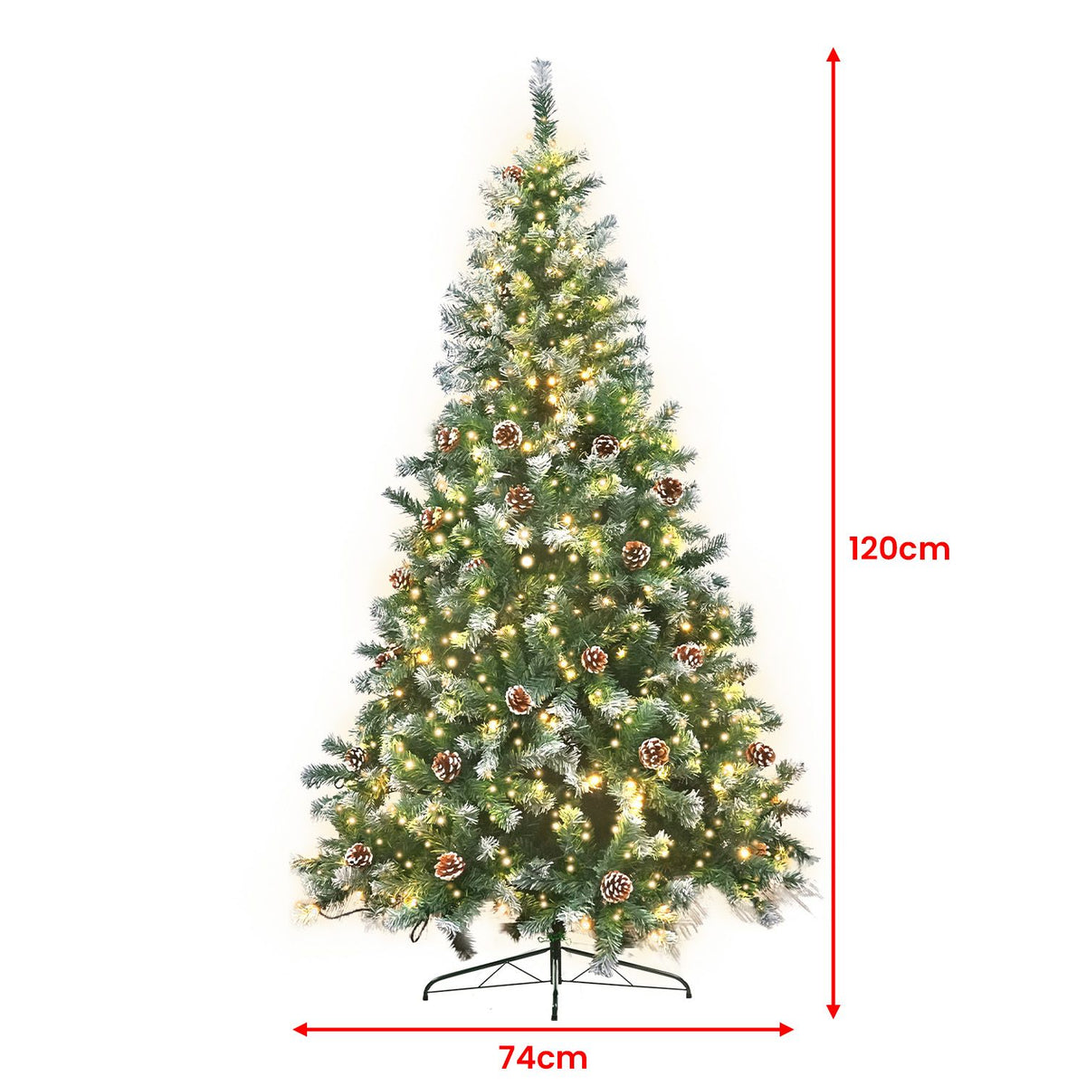 Pre-Lit Artificial Christmas Tree 1.2m 150 LED Snow Tipped Pine Cone Metal Stand