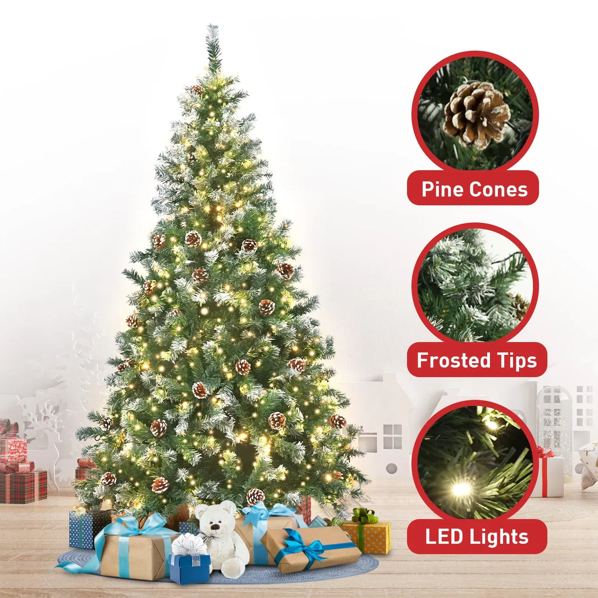 Pre-Lit Artificial Christmas Tree 1.2m 150 LED Snow Tipped Pine Cone Metal Stand