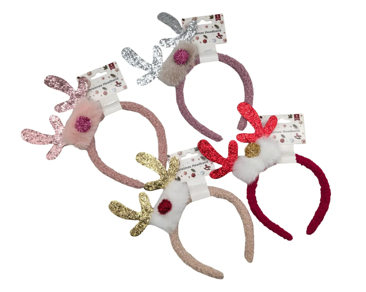 Christmas Glitter Antler Hairband Bulk 24 Pack 4 Assorted Designs