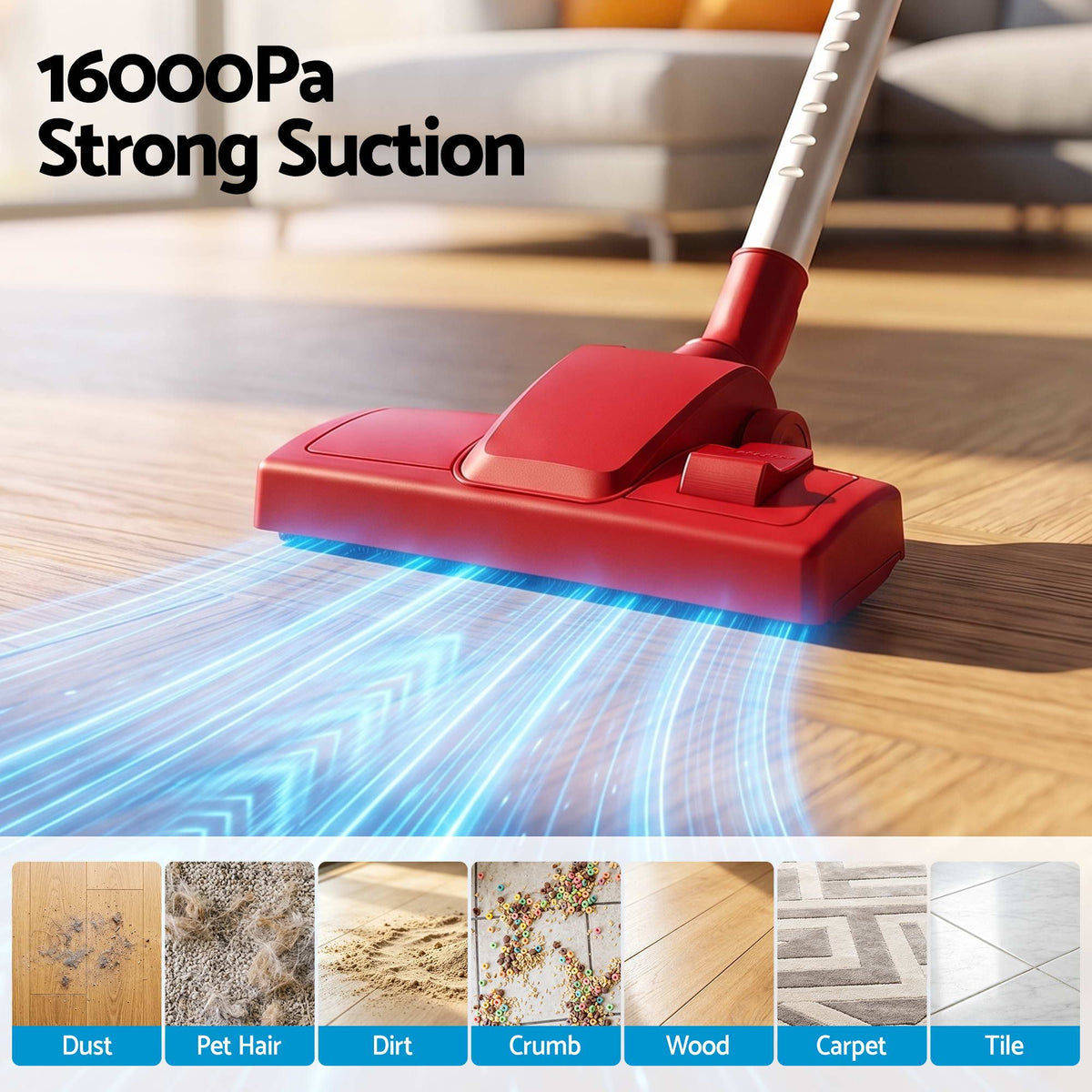 Devanti 3-in-1 Corded Stick Vacuum Cleaner, 16000Pa Strong Suction Red